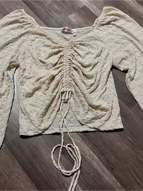 Textured Cream Ruched Long-Sleeve Crop Top